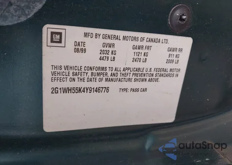 2000 Chevrolet Impala Ls из США, поврежденный, VIN 2G1WH55K4Y9146776